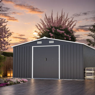10x12 FT Outdoor Metal Storage Shed with Dual Skylight Windows, 0.25mm Color Steel Panels & Protective Film, Available in Two Colors
