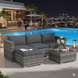 5-Piece All-Weather Wicker Patio Conversation Set With  Cushions and Glass Table