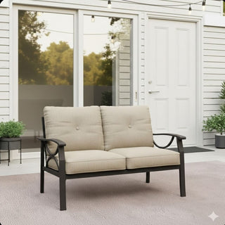 48" All-Weather Metal Loveseat 2 Seats Couch Sofa with Gray/Beige/Khaki Cushions with black Frame