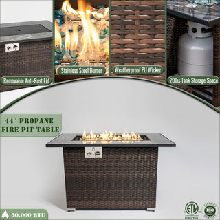 44" Propane Gas Fire Pit Table, 50000 BTU Rectangular Fire Pit, Tile Tabletop with Beautiful Wicker Base for Outside Patio Deck Garden Courtyard-Brown