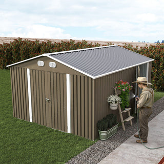 10x12 FT Outdoor Metal Storage Shed, Large Garden Shed with Sturdy Frame & Lockable Door, Weather-Resistant Tool Storage Shed for Backyard, Dark Gray/Brown