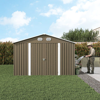 10x12 FT Outdoor Metal Storage Shed, Large Garden Shed with Sturdy Frame & Lockable Door, Weather-Resistant Tool Storage Shed for Backyard, Dark Gray/Brown