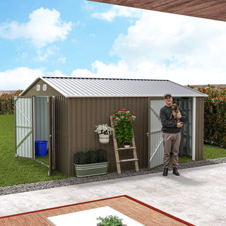 10x12 FT Outdoor Metal Storage Shed, Large Garden Shed with Sturdy Frame & Lockable Door, Weather-Resistant Tool Storage Shed for Backyard, Dark Gray/Brown