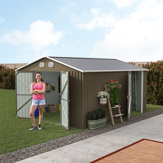 10x12 FT Outdoor Metal Storage Shed, Large Garden Shed with Sturdy Frame & Lockable Door, Weather-Resistant Tool Storage Shed for Backyard, Dark Gray/Brown