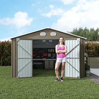 10x12 FT Outdoor Metal Storage Shed, Large Garden Shed with Sturdy Frame & Lockable Door, Weather-Resistant Tool Storage Shed for Backyard, Dark Gray/Brown