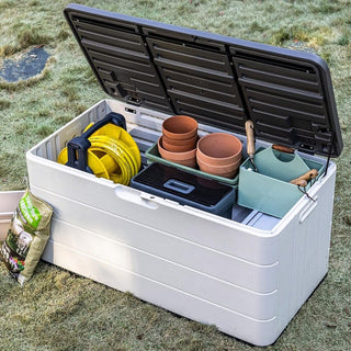 120 Gal. 45.67''x23.62''x22.99'' White Resin Lockable Waterproof Deck Box for Cushions, Garden Tools