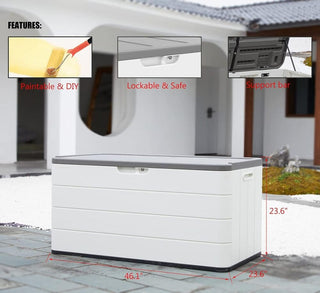 120 Gal. 45.67''x23.62''x22.99'' White Resin Lockable Waterproof Deck Box for Cushions, Garden Tools