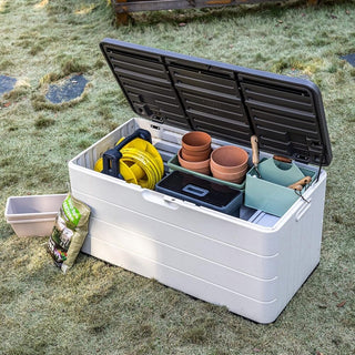 120 Gal. 45.67''x23.62''x22.99'' White Resin Lockable Waterproof Deck Box for Cushions, Garden Tools