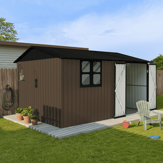 12x10 FT Metal Garden Shed Outdoor Storage, Multi-Color (White/Black/Grey/Brown) with Window & Shelving, Heavy Duty Garden Tool Shed for Backyard & Patio