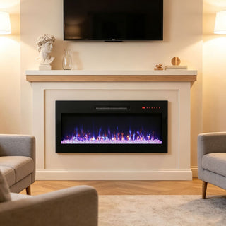 36/42 Inch Ultra-Thin Wall-Mounted Electric Fireplace with Tempered Glass, Multicolor Flames & Remote Control