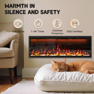 Mounted Electric Fireplace – Black LED, Remote Control, Multiple Sizes (50 in–88 in)