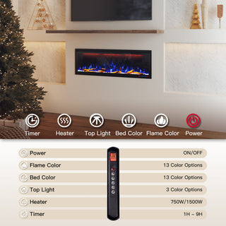 Mounted Electric Fireplace – Black LED, Remote Control, Multiple Sizes (50 in–88 in)
