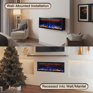 Mounted Electric Fireplace – Black LED, Remote Control, Multiple Sizes (50 in–88 in)