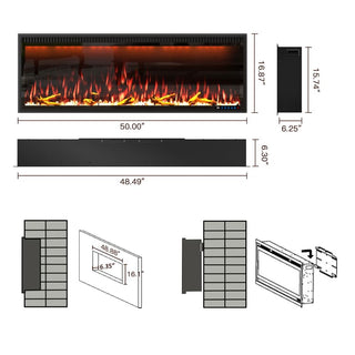 Mounted Electric Fireplace – Black LED, Remote Control, Multiple Sizes (50 in–88 in)