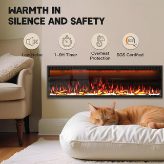 Mounted Electric Fireplace – Black LED, Remote Control, Multiple Sizes (50 in–88 in)