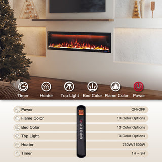 Mounted Electric Fireplace – Black LED, Remote Control, Multiple Sizes (50 in–88 in)