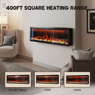 Mounted Electric Fireplace – Black LED, Remote Control, Multiple Sizes (50 in–88 in)