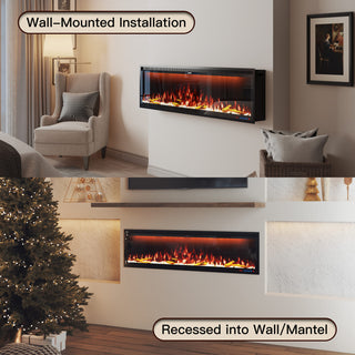 Mounted Electric Fireplace – Black LED, Remote Control, Multiple Sizes (50 in–88 in)