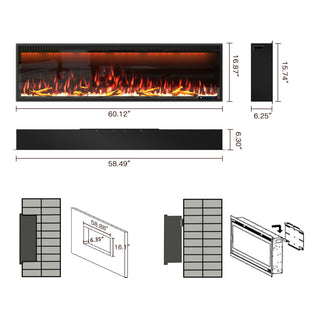Mounted Electric Fireplace – Black LED, Remote Control, Multiple Sizes (50 in–88 in)