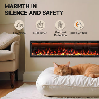 Mounted Electric Fireplace – Black LED, Remote Control, Multiple Sizes (50 in–88 in)