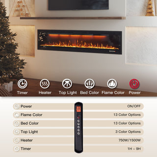 Mounted Electric Fireplace – Black LED, Remote Control, Multiple Sizes (50 in–88 in)