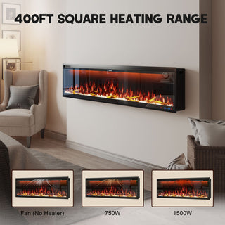 Mounted Electric Fireplace – Black LED, Remote Control, Multiple Sizes (50 in–88 in)