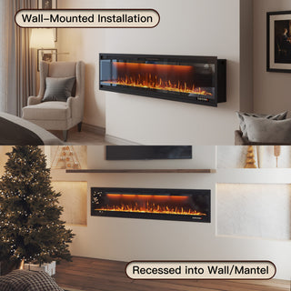 Mounted Electric Fireplace – Black LED, Remote Control, Multiple Sizes (50 in–88 in)