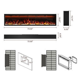 Mounted Electric Fireplace – Black LED, Remote Control, Multiple Sizes (50 in–88 in)