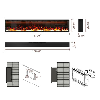 Mounted Electric Fireplace – Black LED, Remote Control, Multiple Sizes (50 in–88 in)