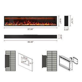 Mounted Electric Fireplace – Black LED, Remote Control, Multiple Sizes (50 in–88 in)