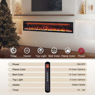Mounted Electric Fireplace – Black LED, Remote Control, Multiple Sizes (50 in–88 in)