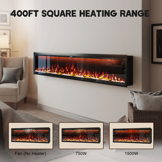 Mounted Electric Fireplace – Black LED, Remote Control, Multiple Sizes (50 in–88 in)