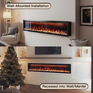 Mounted Electric Fireplace – Black LED, Remote Control, Multiple Sizes (50 in–88 in)