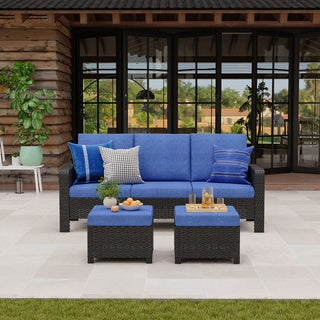 3-Piece Wicker Patio Sofa Set with 3-Seat Couch and 2 Ottomans, Outdoor PE Rattan Furniture with Waterproof Fade-Resistant Cushions & High-Density Foam