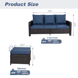 3-Piece Wicker Patio Sofa Set with 3-Seat Couch and 2 Ottomans, Outdoor PE Rattan Furniture with Waterproof Fade-Resistant Cushions & High-Density Foam
