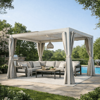 10x12/10x10 FT Outdoor Louvered Pergola with Adjustable Louvers-Brown/Gray/White