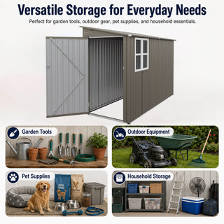 4x9 FT Galvanized Steel Storage Shed with Translucent Window, Metal Garden Tool Shed for Backyard & Garden – Olive Gray