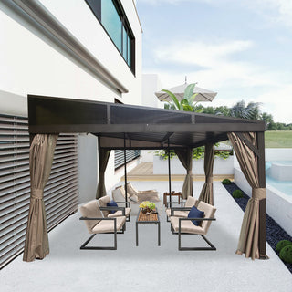 Hardtop Wall Mounted Gazebo with Sloping Galvanized Steel Roof, Aluminum Frame, Drainage System, Curtains and Netting, for Patio, Deck, Garden, Backyard