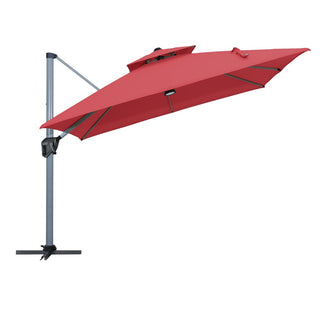 11ft Square Double-Tier Patio Umbrella with LED Lights – Red & Grey Outdoor Market Umbrella (Base Not Included)