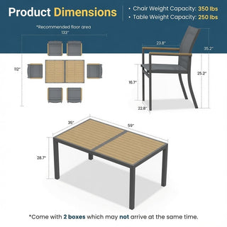 7-Piece Outdoor Patio Dining Set: Grey Aluminum Table (with HDPE Slat Tabletop) and 6 All-Weather Textilene Mesh Chairs