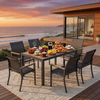 7-Piece Outdoor Patio Dining Set: Grey Aluminum Table (with HDPE Slat Tabletop) and 6 All-Weather Textilene Mesh Chairs