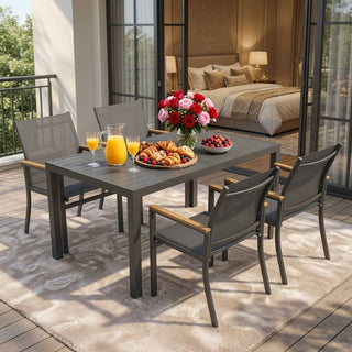 5-Piece Gray Patio Dining Set with HDPS Table, Aluminum Frame & Textilene Chairs, 4-Seat All-Weather Outdoor Furniture