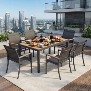7-Piece Outdoor Patio Dining Set: Grey Aluminum Table (with HDPE Slat Tabletop) and 6 All-Weather Textilene Mesh Chairs