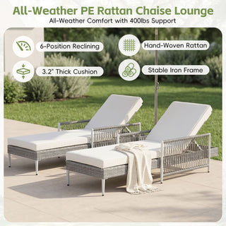 Outdoor PE Rattan Chaise Lounge, All-Weather Wicker Patio Lounge Chair with 6-Position Adjustable Backrest, Modern Sun Lounger for Poolside