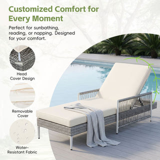 Outdoor PE Rattan Chaise Lounge, All-Weather Wicker Patio Lounge Chair with 6-Position Adjustable Backrest, Modern Sun Lounger for Poolside
