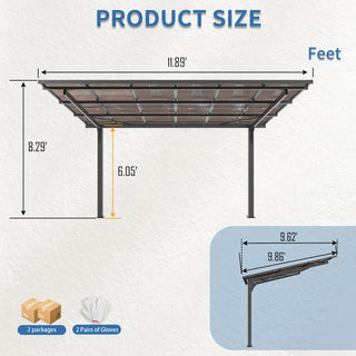 10x12 FT Galvanized Steel Carport with PC Roof, Outdoor Vehicle Shelter & Patio Shade for Backyard