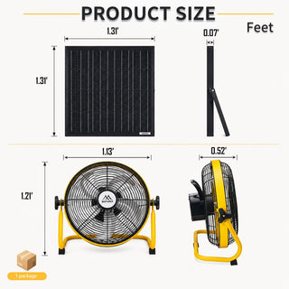 12-Inch Solar Floor Fan, 30W Adjustable Monocrystalline Panel, 1500mAh Rechargeable Battery, 3-Speed Remote & Dual Power – Yellow