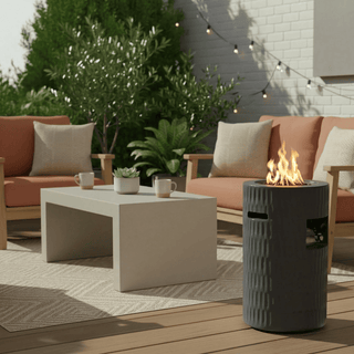 26-Inch Propane Fire Pit, 40,000 BTU Outdoor Gas Fire Pit with Hidden 20-Lb Tank Storage, Textured Concrete Fire Column, Lava Rocks & Waterproof Cover