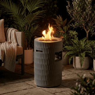 26-Inch Propane Fire Pit, 40,000 BTU Outdoor Gas Fire Pit with Hidden 20-Lb Tank Storage, Textured Concrete Fire Column, Lava Rocks & Waterproof Cover