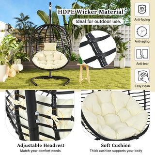 Single Folding Wicker Hanging Egg Chair with Stand, Indoor Outdoor Swing Hammock Chair, Adjustable Anti-Slip Feet for Balcony Bedroom Patio